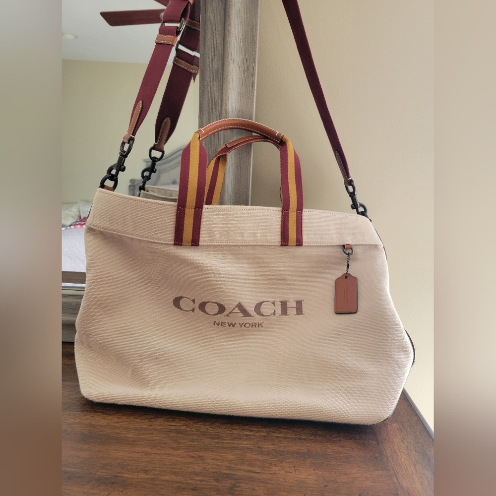 Coach Beige and Burgundy Canvas Tote Bag 38. SOLD OUT ONLINE. New Without Tags. - Picture 2 of 11
